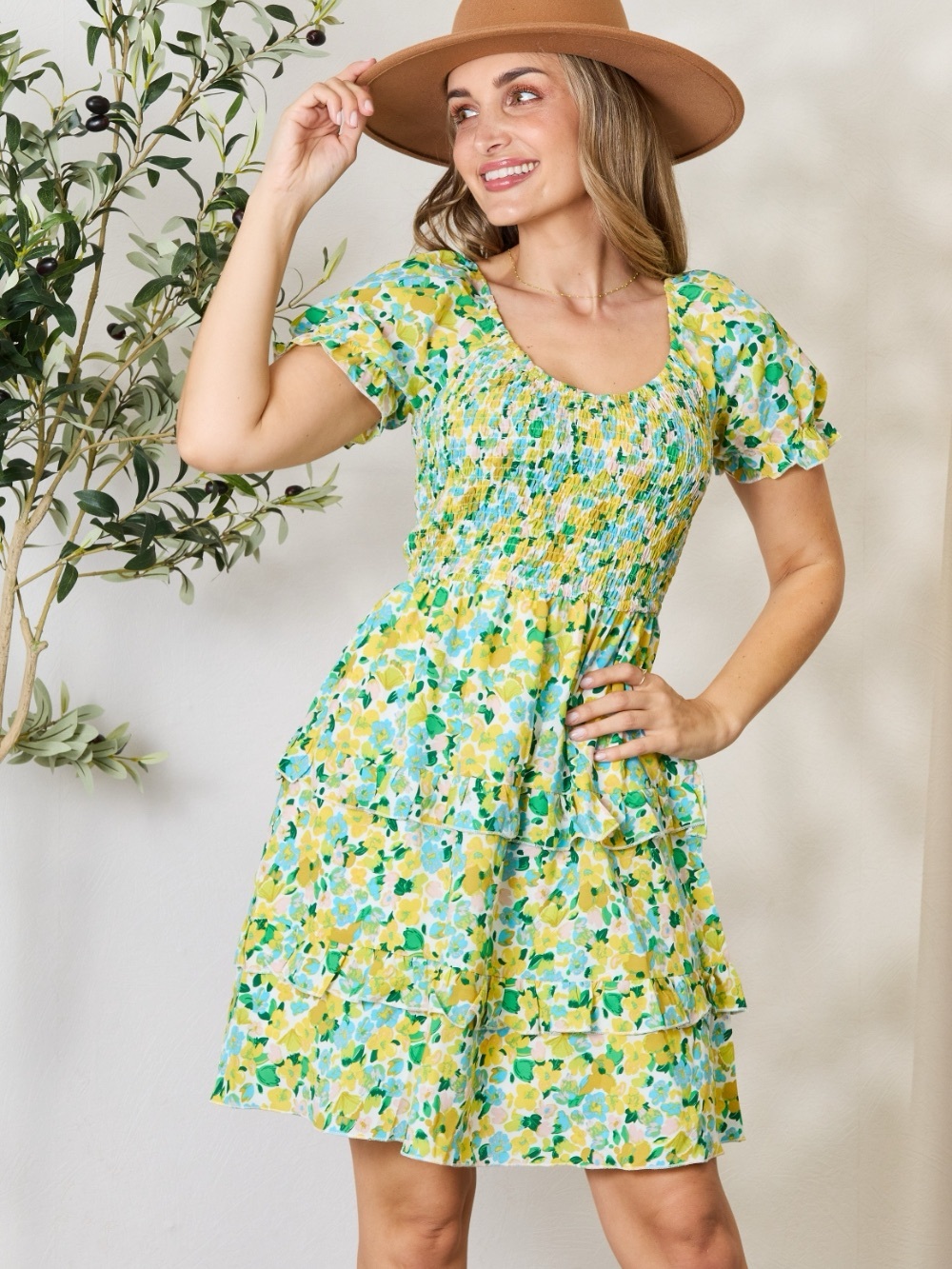 Smocked Floral Mini Dress in Yellow & Green